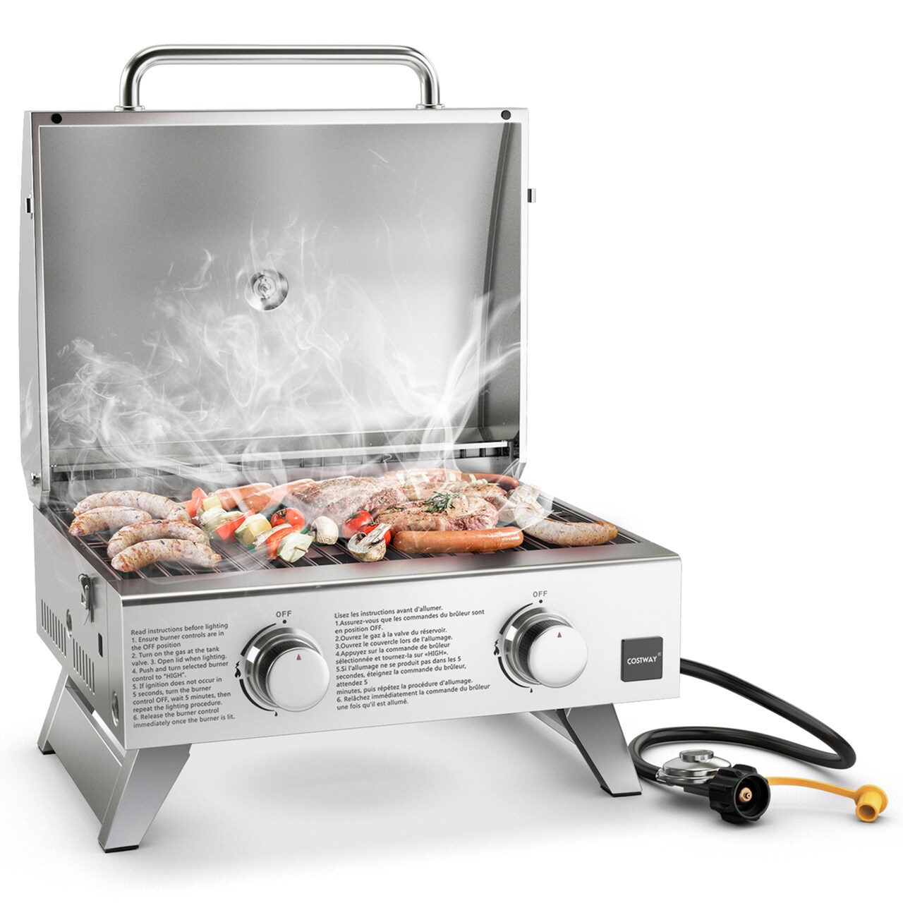 Costway 20,000 BTU Portable Gas Grill with Lid & Handle Top Thermometer Extra Flame Rod